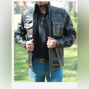 XL Mens Vintage Leather Cafe Racer distressed look Jacket EUC